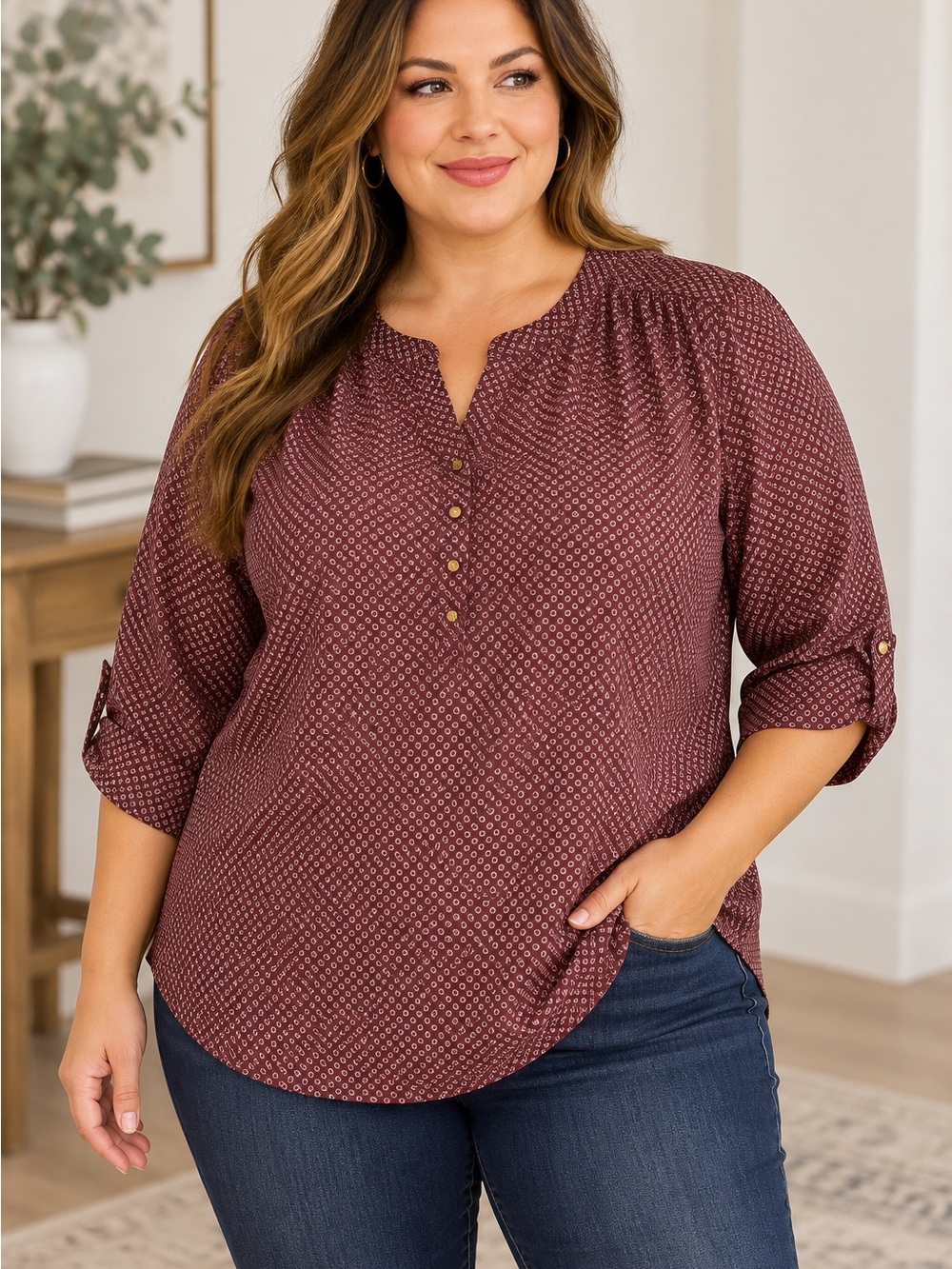 Antilia Femme Burgundy Printed Henley Top